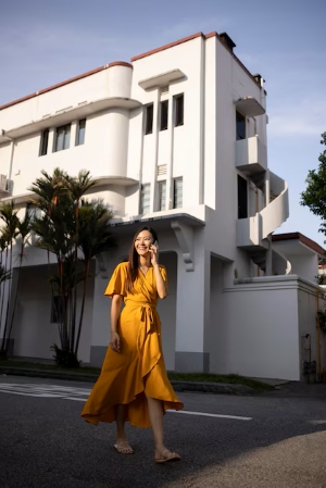 portrait beautiful asian woman posing city while wearing yellow dress 23 2149086926